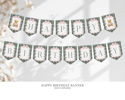 Pink Coquette Bear Girl 1st Birthday Bundle Printable Template, Beary First Birthday Decor, Old Money Tartan Plaid Birthday Party WP1081