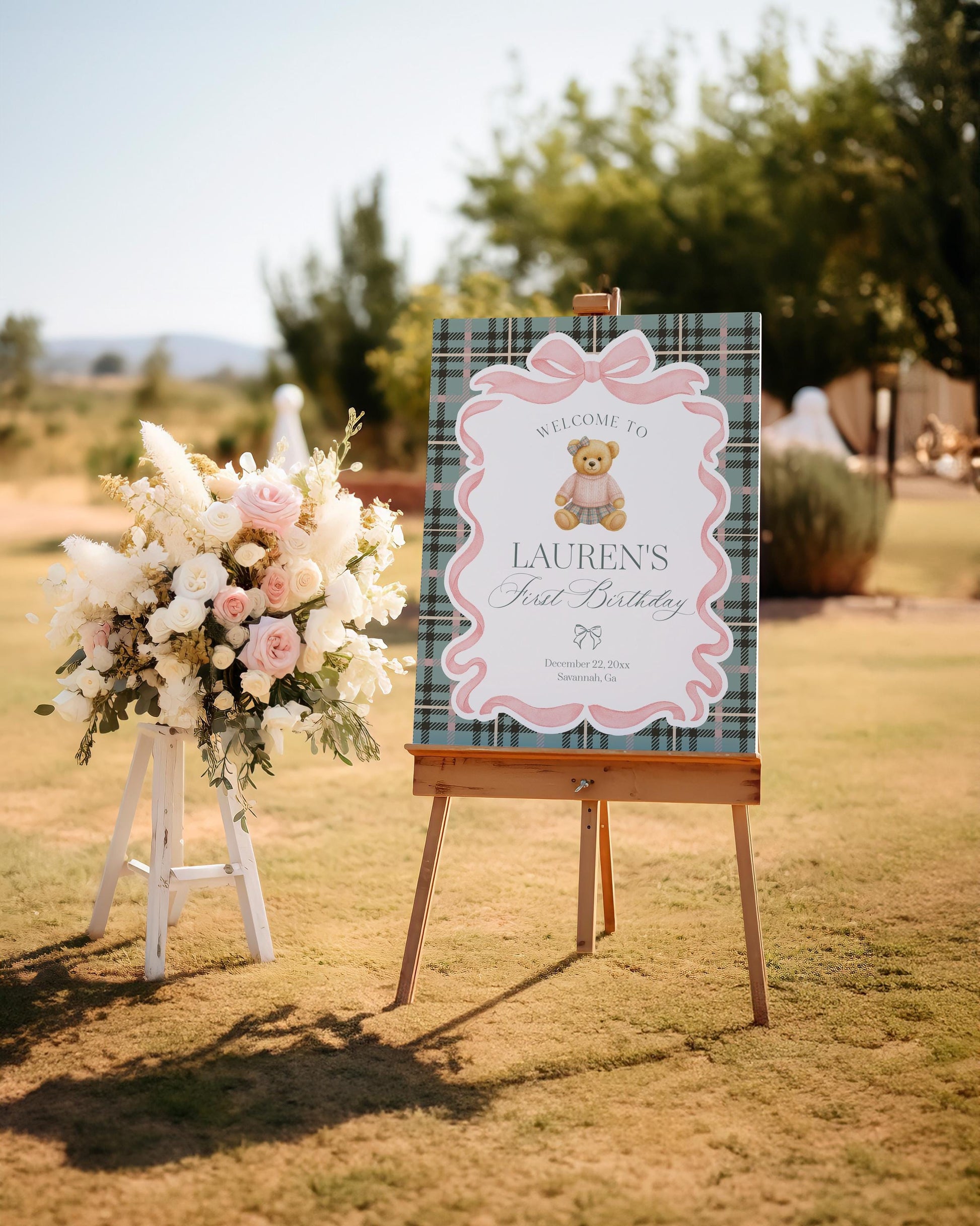 Pink Coquette Bear Girl 1st Birthday Bundle Printable Template, Beary First Birthday Decor, Old Money Tartan Plaid Birthday Party WP1081