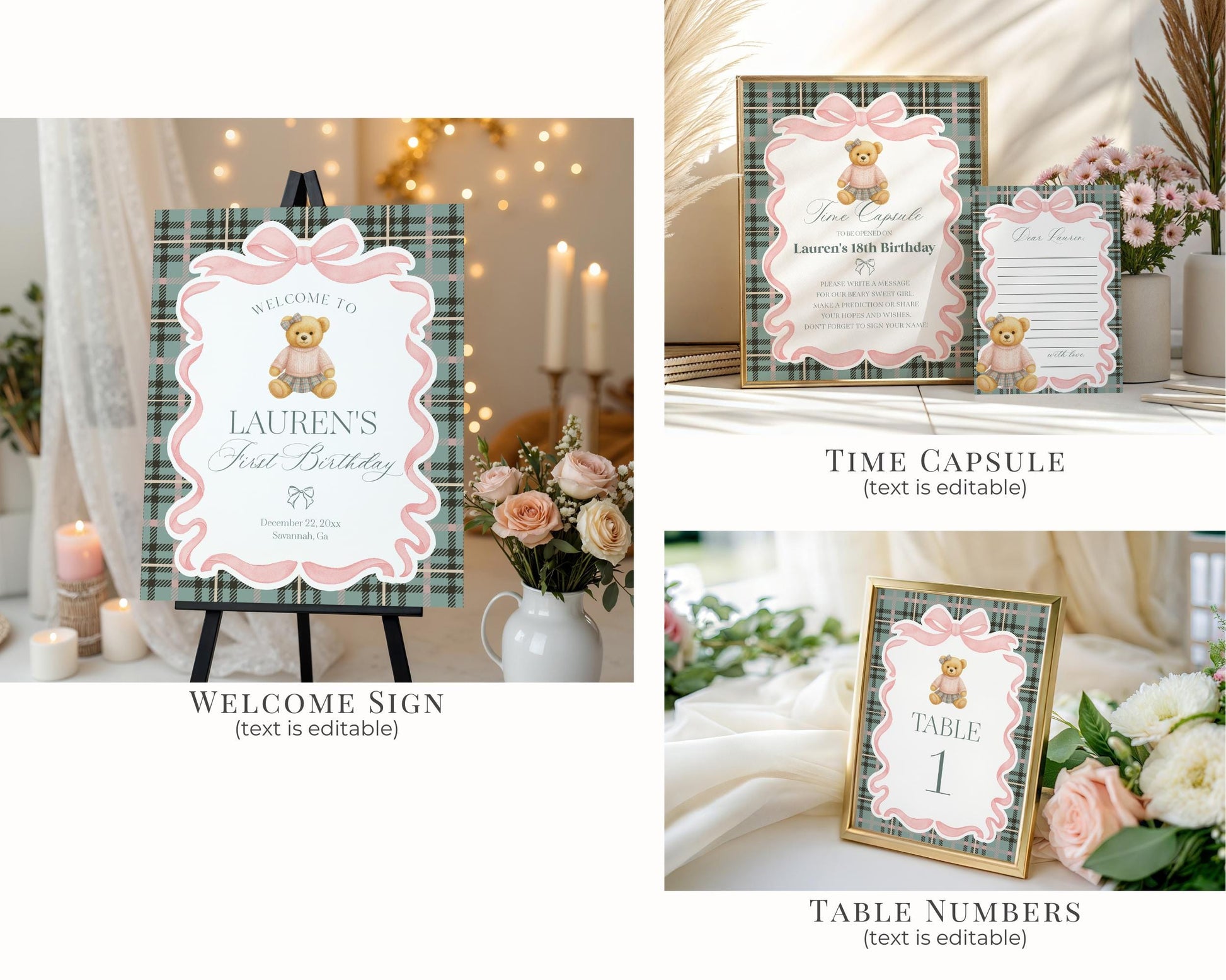 Pink Coquette Bear Girl Birthday Bundle Printable Template, Old Money Teddy Bear Birthday Party, Tartan Plaid Coquette Bow Party WP1081