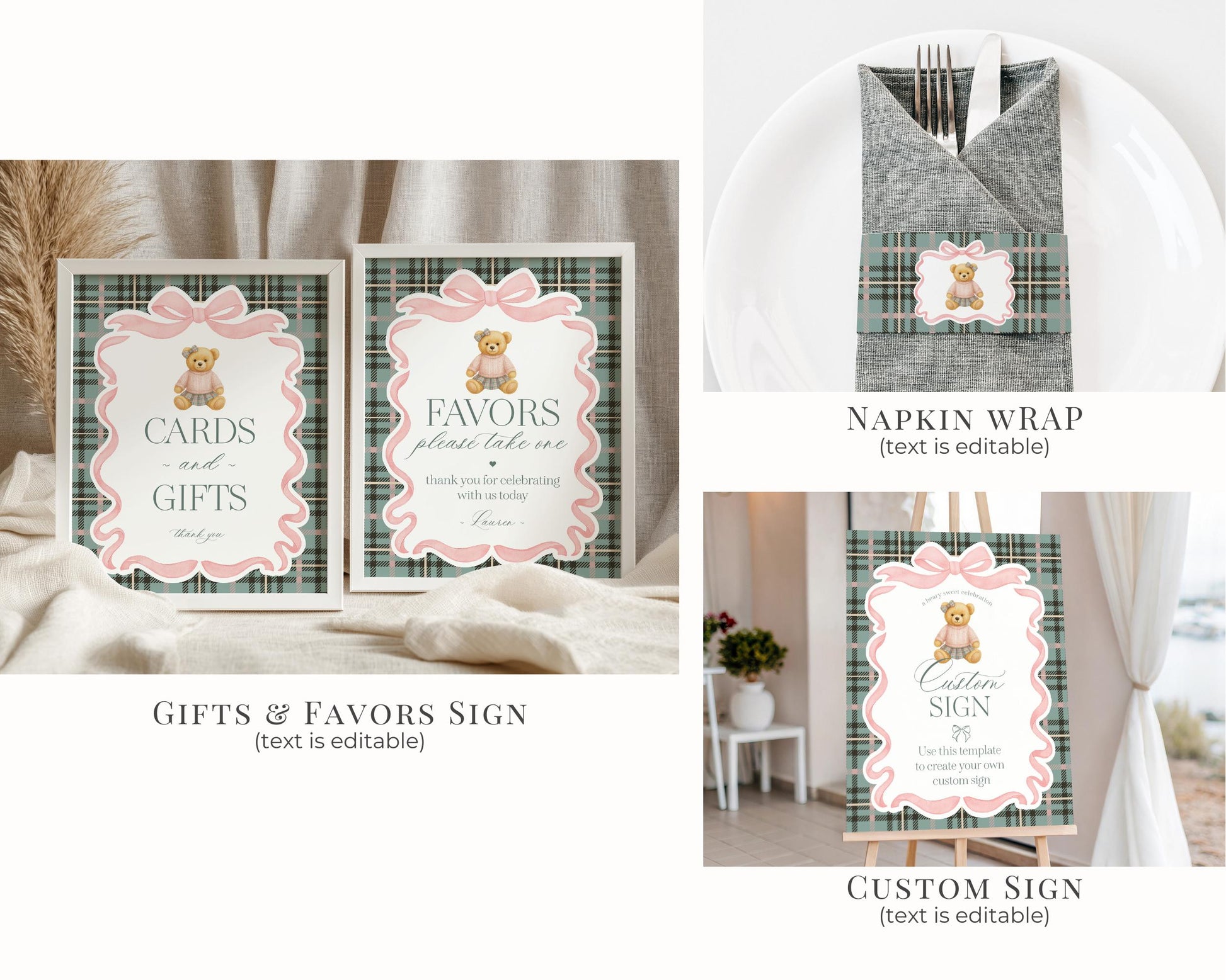 Pink Coquette Bear Girl Birthday Bundle Printable Template, Old Money Teddy Bear Birthday Party, Tartan Plaid Coquette Bow Party WP1081