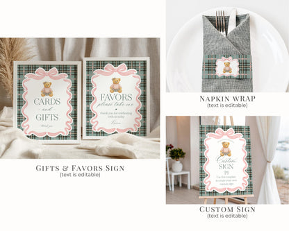 Pink Coquette Bear Girl Birthday Bundle Printable Template, Old Money Teddy Bear Birthday Party, Tartan Plaid Coquette Bow Party WP1081
