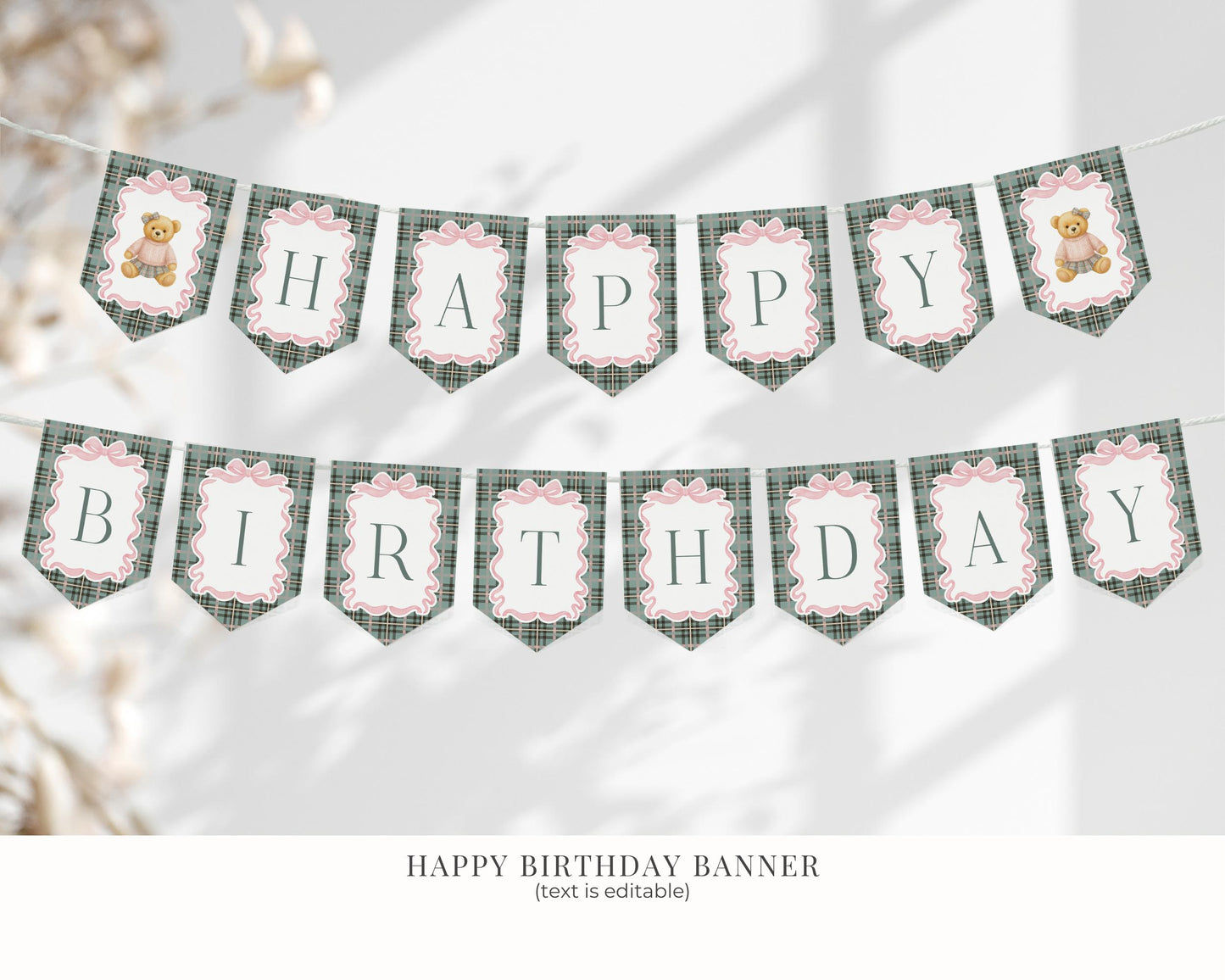 Pink Coquette Bear Girl Birthday Bundle Printable Template, Old Money Teddy Bear Birthday Party, Tartan Plaid Coquette Bow Party WP1081
