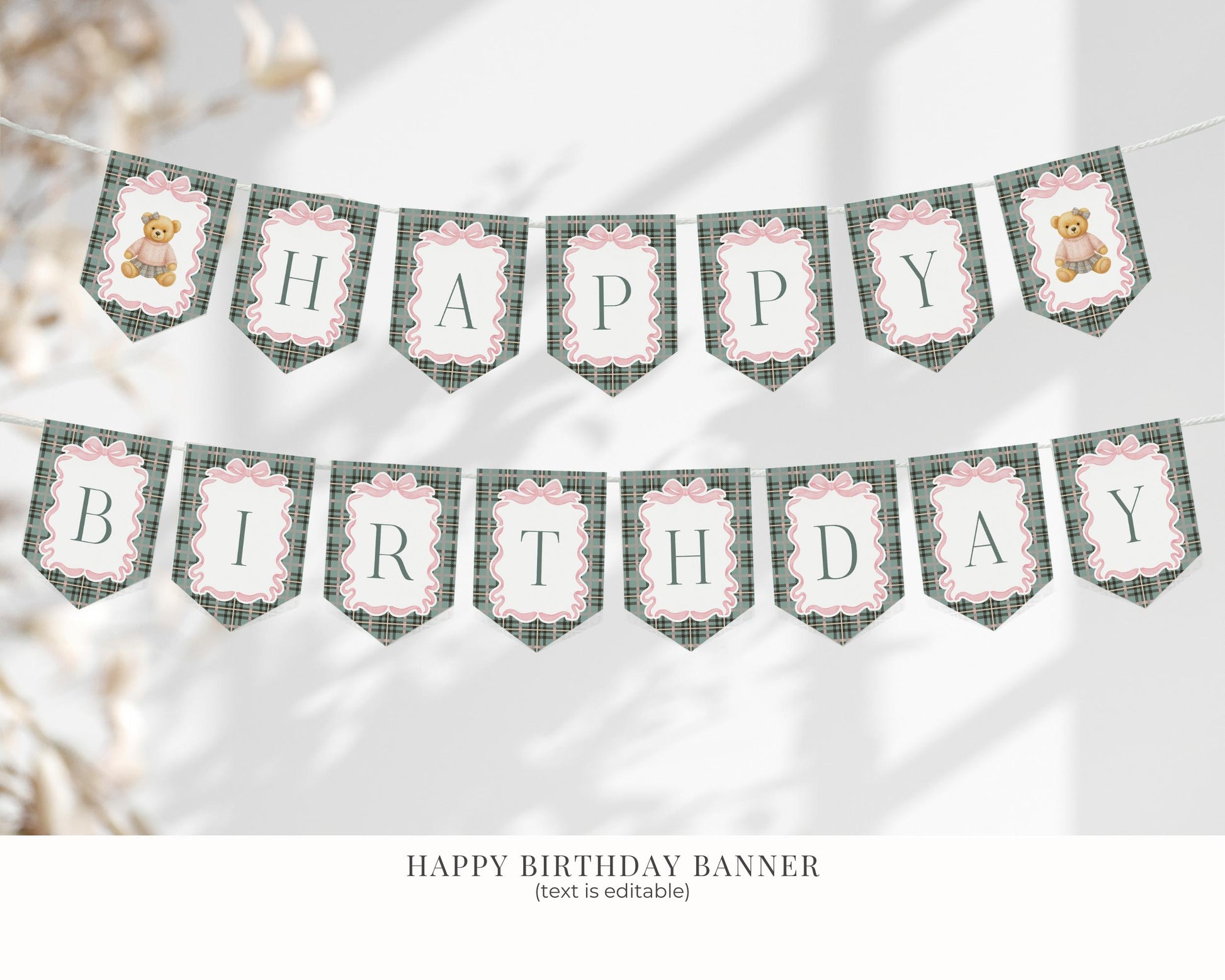 Pink Coquette Bear Girl Birthday Bundle Printable Template, Old Money Teddy Bear Birthday Party, Tartan Plaid Coquette Bow Party WP1081