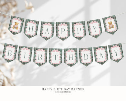 Pink Coquette Bear Girl Birthday Bundle Printable Template, Old Money Teddy Bear Birthday Party, Tartan Plaid Coquette Bow Party WP1081