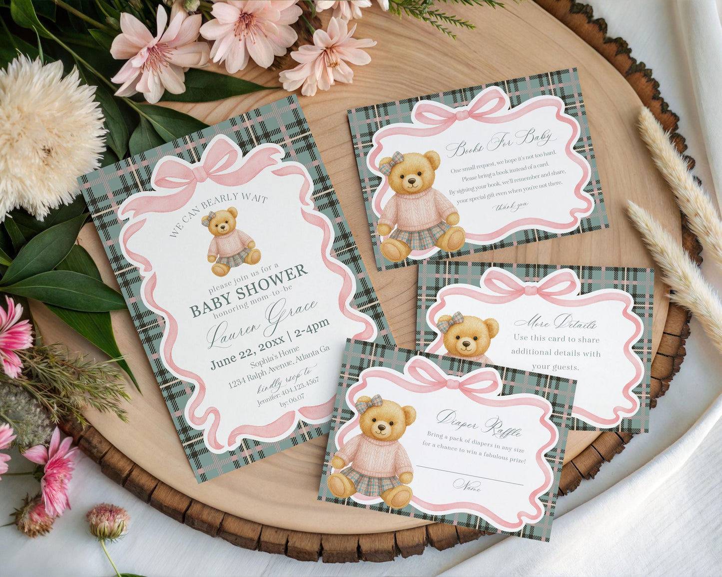 Pink Coquette Bear Baby Shower Invitation Printable Template, We Can Bearly Wait Old Money Baby Sprinkle, Tartan Plaid Nesting Party WP1081