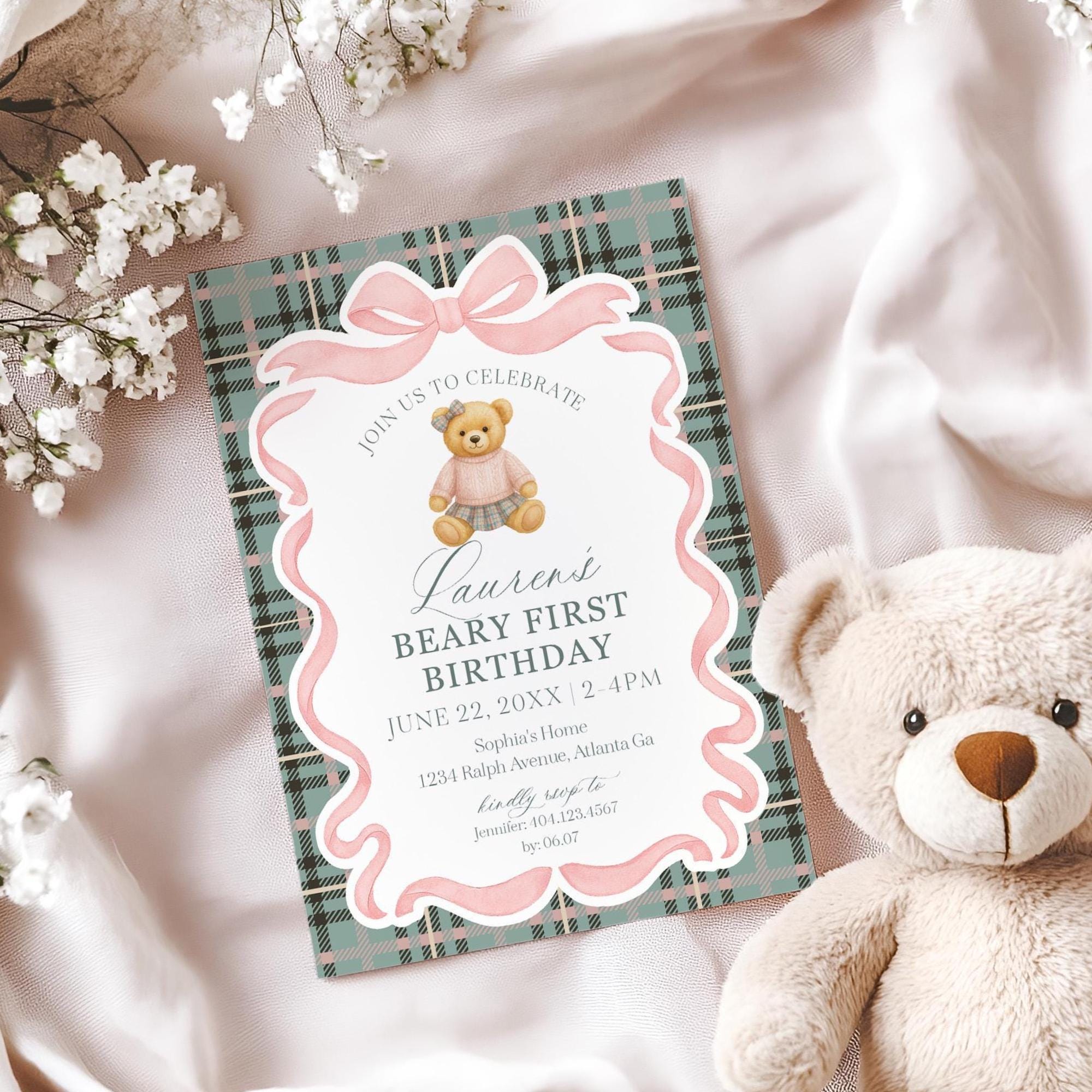 Pink Coquette Bear Girl 1st Birthday Invitation Template, Beary First Birthday Decor, Old Money Birthday Party, Tartan Plaid Bow WP1081