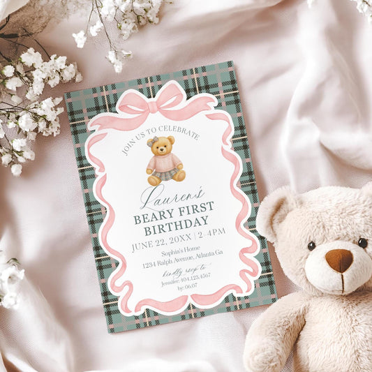 Pink Coquette Bear Girl 1st Birthday Invitation Template, Beary First Birthday Decor, Old Money Birthday Party, Tartan Plaid Bow WP1081