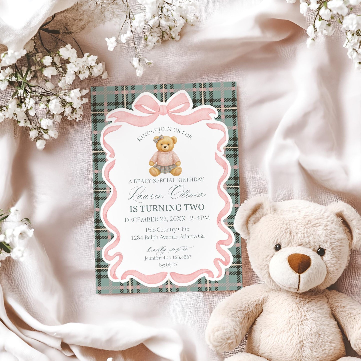 Pink Coquette Bear Birthday Invitation Printable Template, Old Money Teddy Bear Birthday Party, Tartan Plaid Coquette Bow Party WP1081
