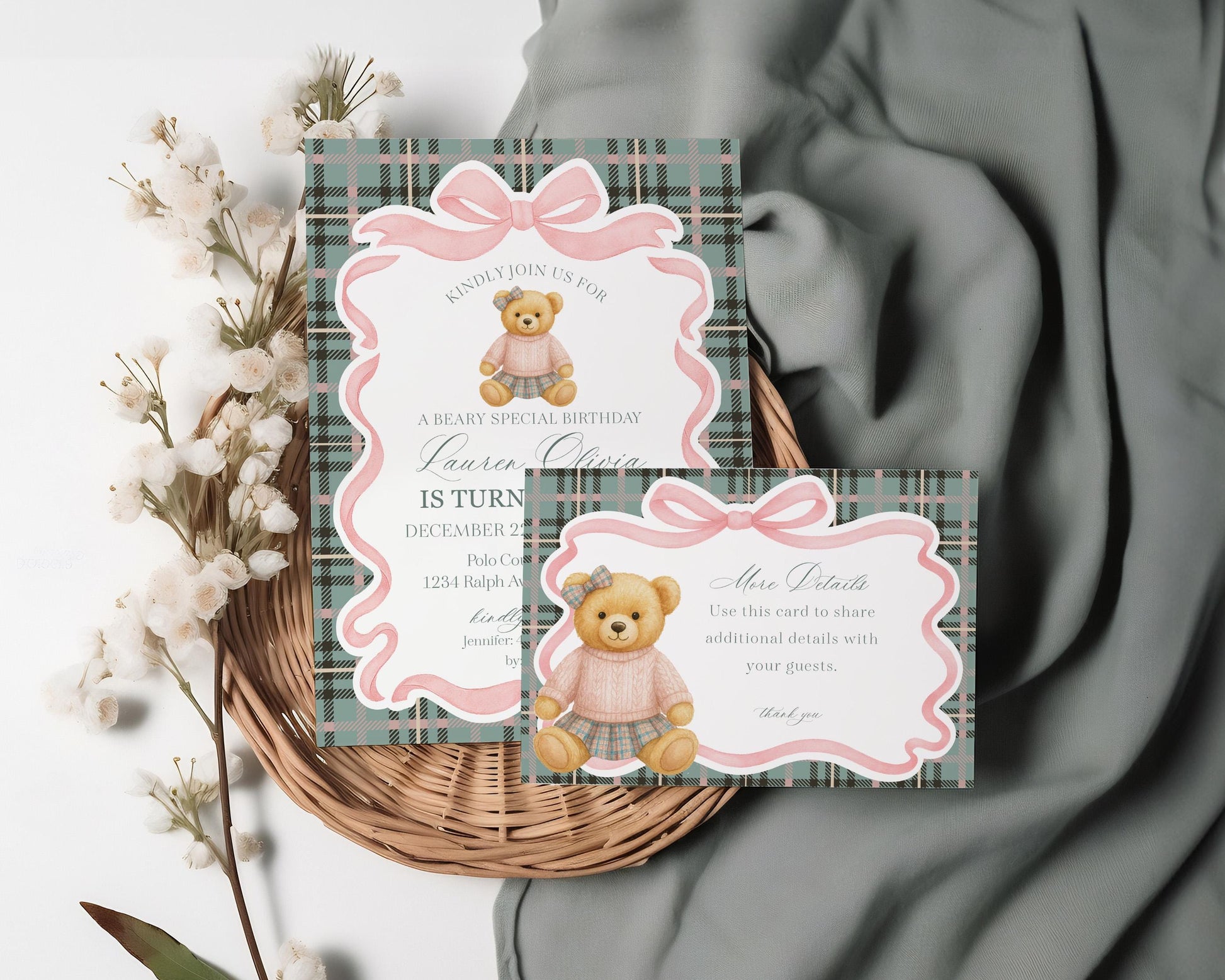 Pink Coquette Bear Birthday Invitation Printable Template, Old Money Teddy Bear Birthday Party, Tartan Plaid Coquette Bow Party WP1081