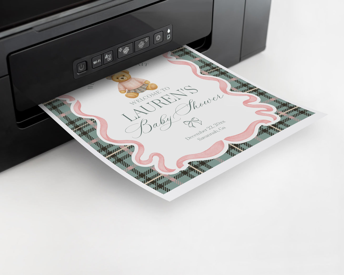 Pink Coquette Bear Baby Shower Welcome Sign Template, We Can Bearly Wait Old Money Baby Sprinkle, Tartan Plaid Coquette Bow Nesting WP1081