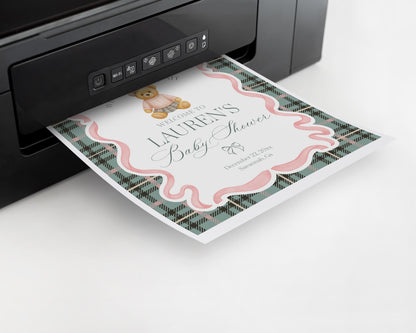 Pink Coquette Bear Baby Shower Welcome Sign Template, We Can Bearly Wait Old Money Baby Sprinkle, Tartan Plaid Coquette Bow Nesting WP1081