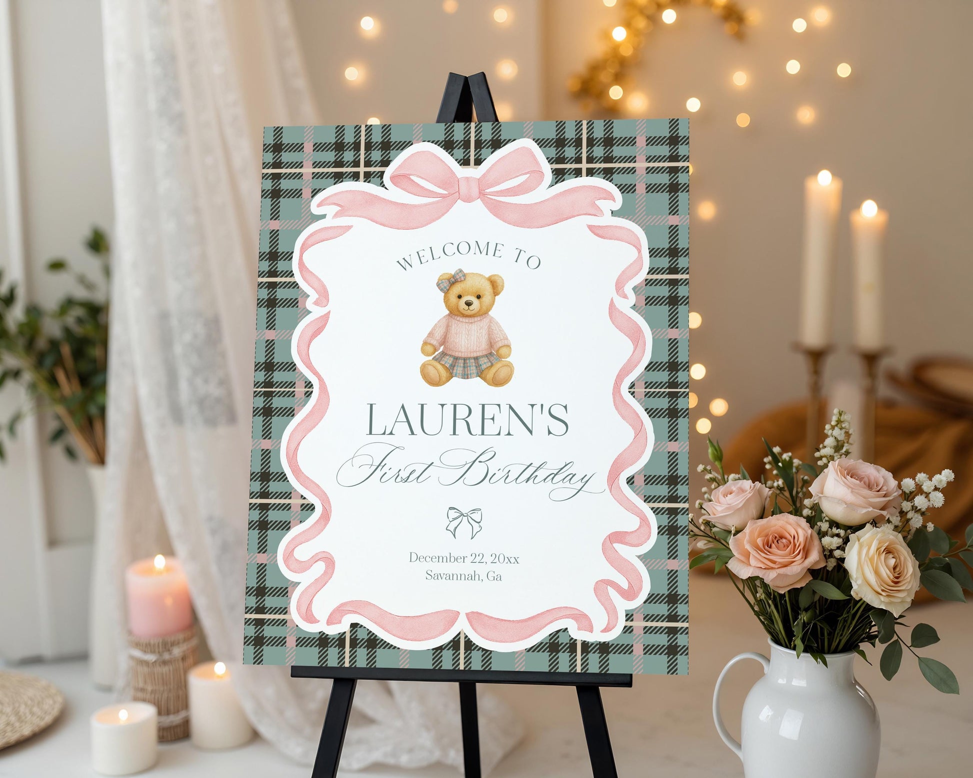 Pink Coquette Bear Birthday Party Welcome Sign Template, We Can Bearly Wait Old Money Baby Sprinkle, Tartan Plaid Bow Nesting WP1081
