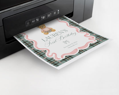 Pink Coquette Bear Birthday Party Welcome Sign Template, We Can Bearly Wait Old Money Baby Sprinkle, Tartan Plaid Bow Nesting WP1081