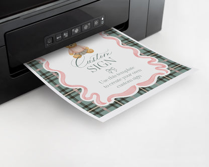 Pink Coquette Bear Custom Sign Template, We Can Bearly Wait Old Money Baby Shower, Beary First Birthday Tartan Plaid Coquette Party WP1081