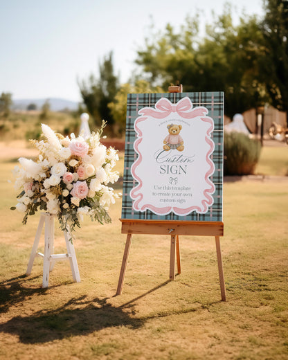 Pink Coquette Bear Custom Sign Template, We Can Bearly Wait Old Money Baby Shower, Beary First Birthday Tartan Plaid Coquette Party WP1081