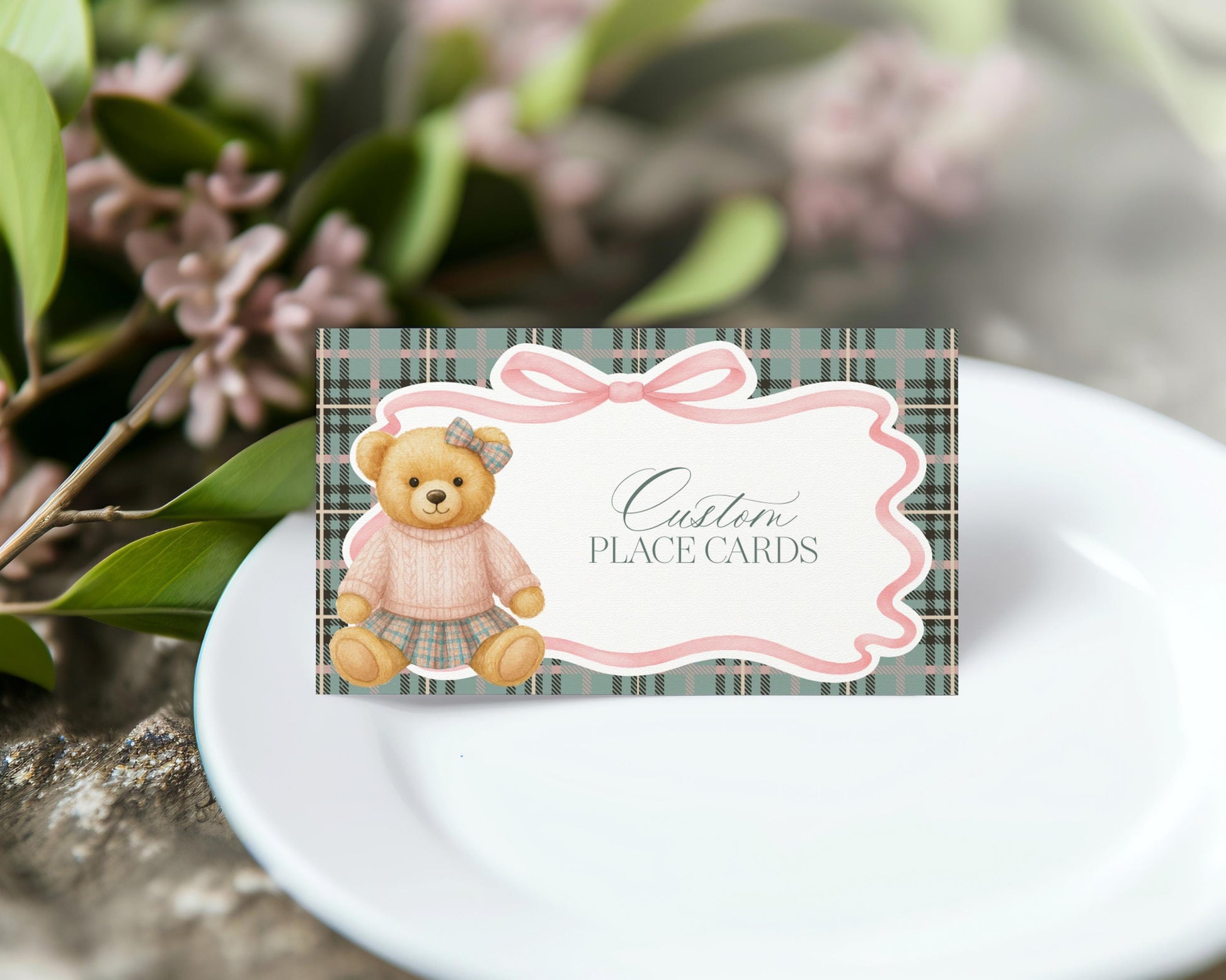 Pink Coquette Bear Place Cards Template, We Can Bearly Wait Old Money Baby Shower, Beary 1st Birthday Tartan Plaid Coquette Bow Party WP1081