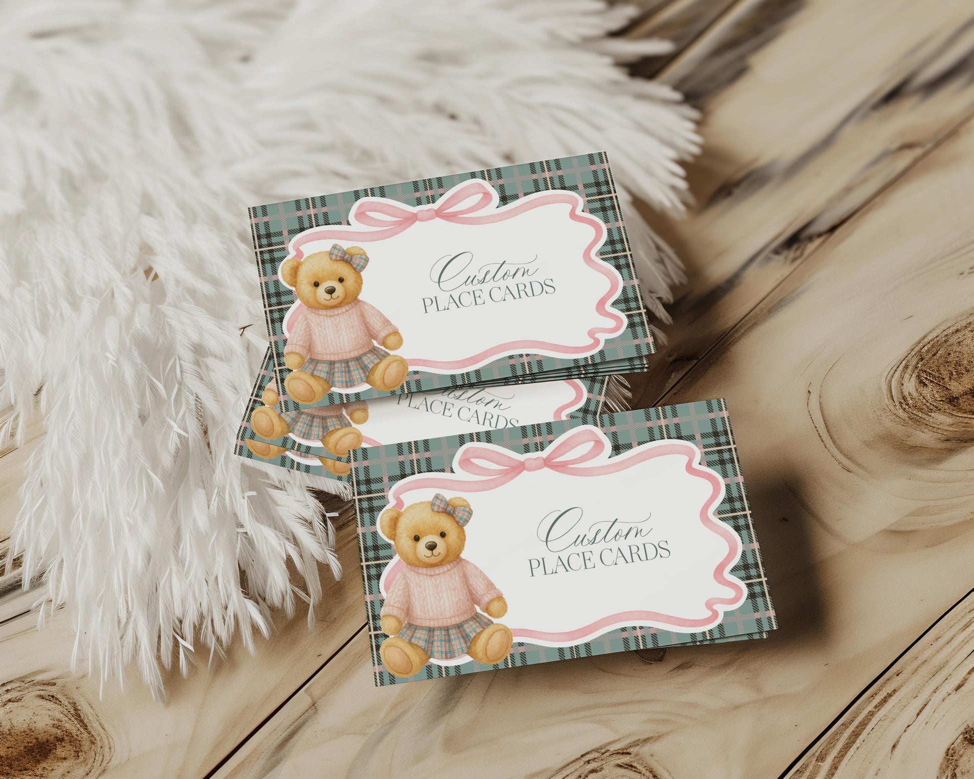 Pink Coquette Bear Place Cards Template, We Can Bearly Wait Old Money Baby Shower, Beary 1st Birthday Tartan Plaid Coquette Bow Party WP1081