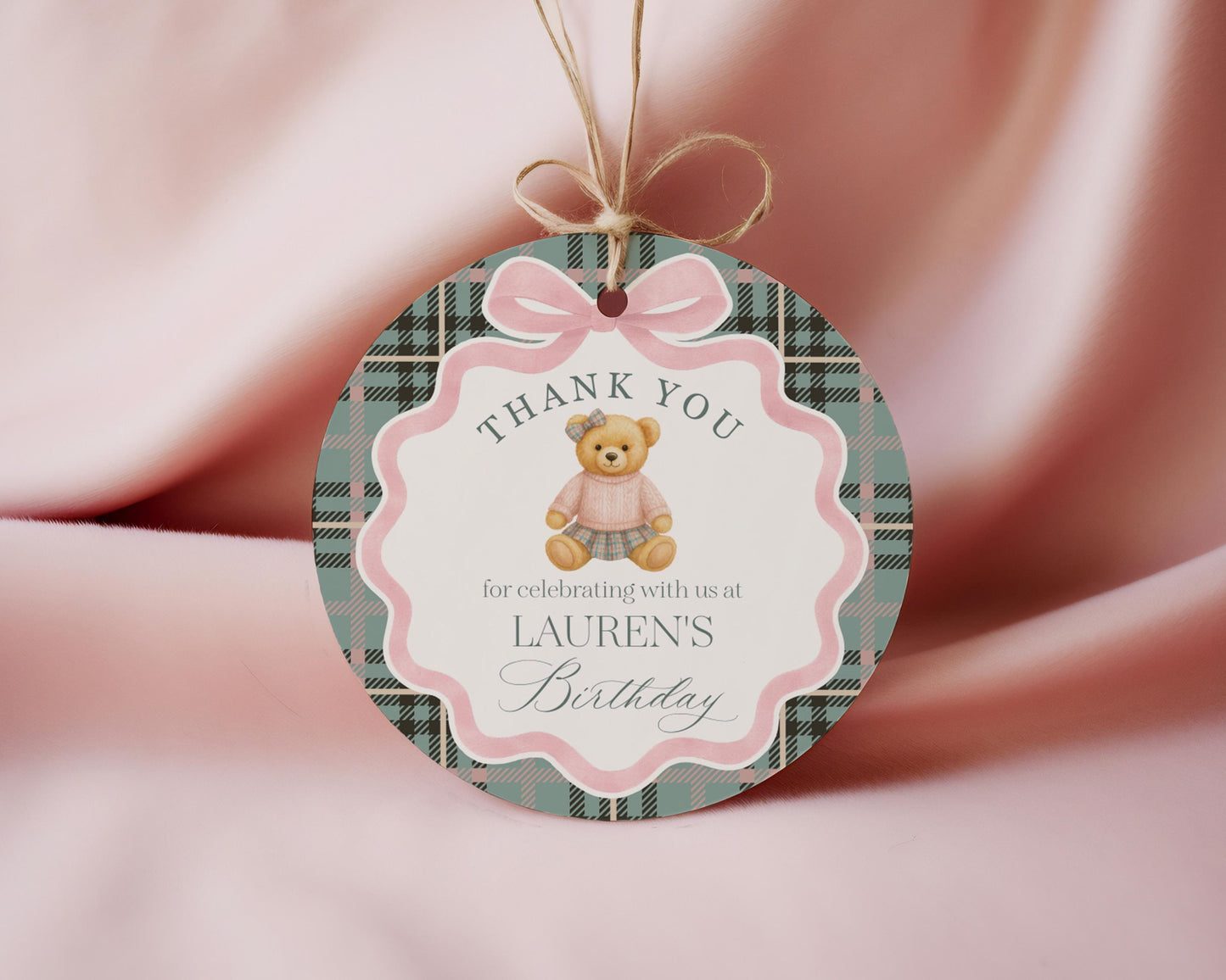 Pink Coquette Bear Girl Birthday Party Favor Tags Template, Beary First Birthday Favors, Old Money Tartan Plaid Coquette Bow Party WP1081