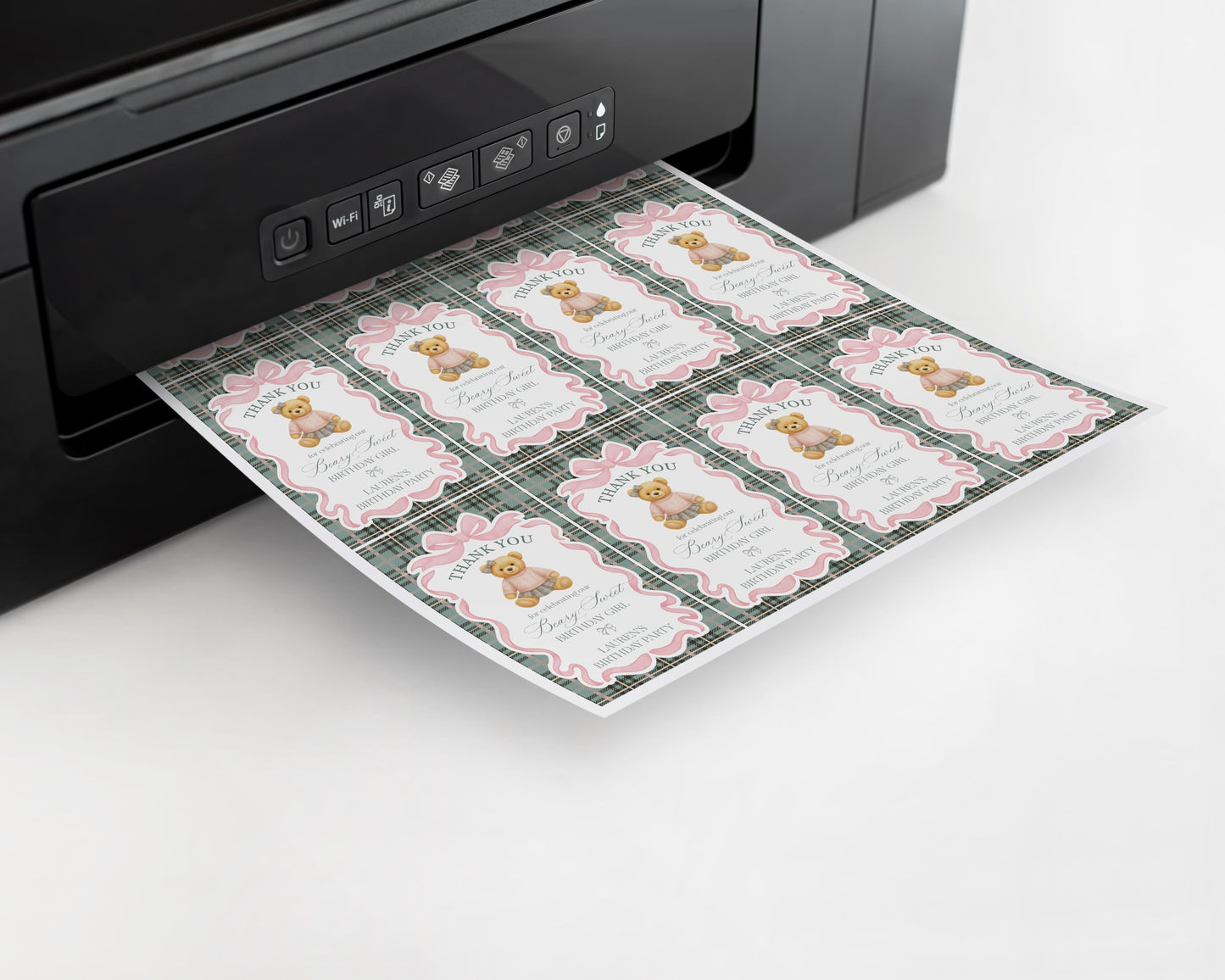 Pink Coquette Bear Girl Birthday Party Favor Tags Template, Beary First Birthday Favors, Old Money Tartan Plaid Coquette Bow Party WP1081