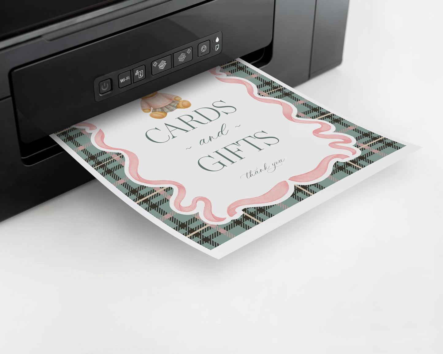 Pink Coquette Bear Cards & Gifts and Favors Sign Template, We Can Bearly Wait Baby Shower, Beary First Birthday Tartan Plaid Bow WP1081