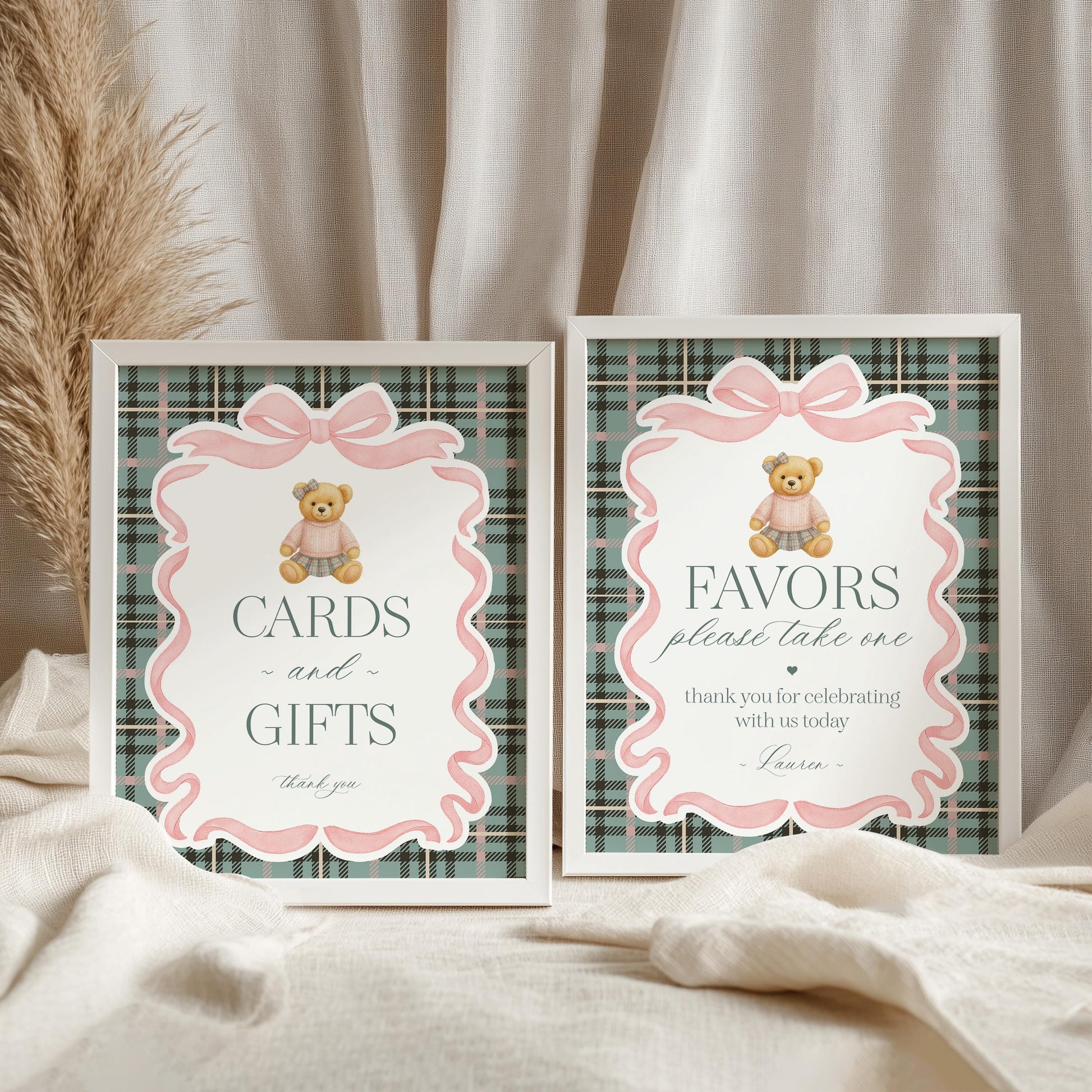 Pink Coquette Bear Cards & Gifts and Favors Sign Template, We Can Bearly Wait Baby Shower, Beary First Birthday Tartan Plaid Bow WP1081