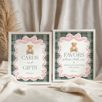 Pink Coquette Bear Cards & Gifts and Favors Sign Template, We Can Bearly Wait Baby Shower, Beary First Birthday Tartan Plaid Bow WP1081