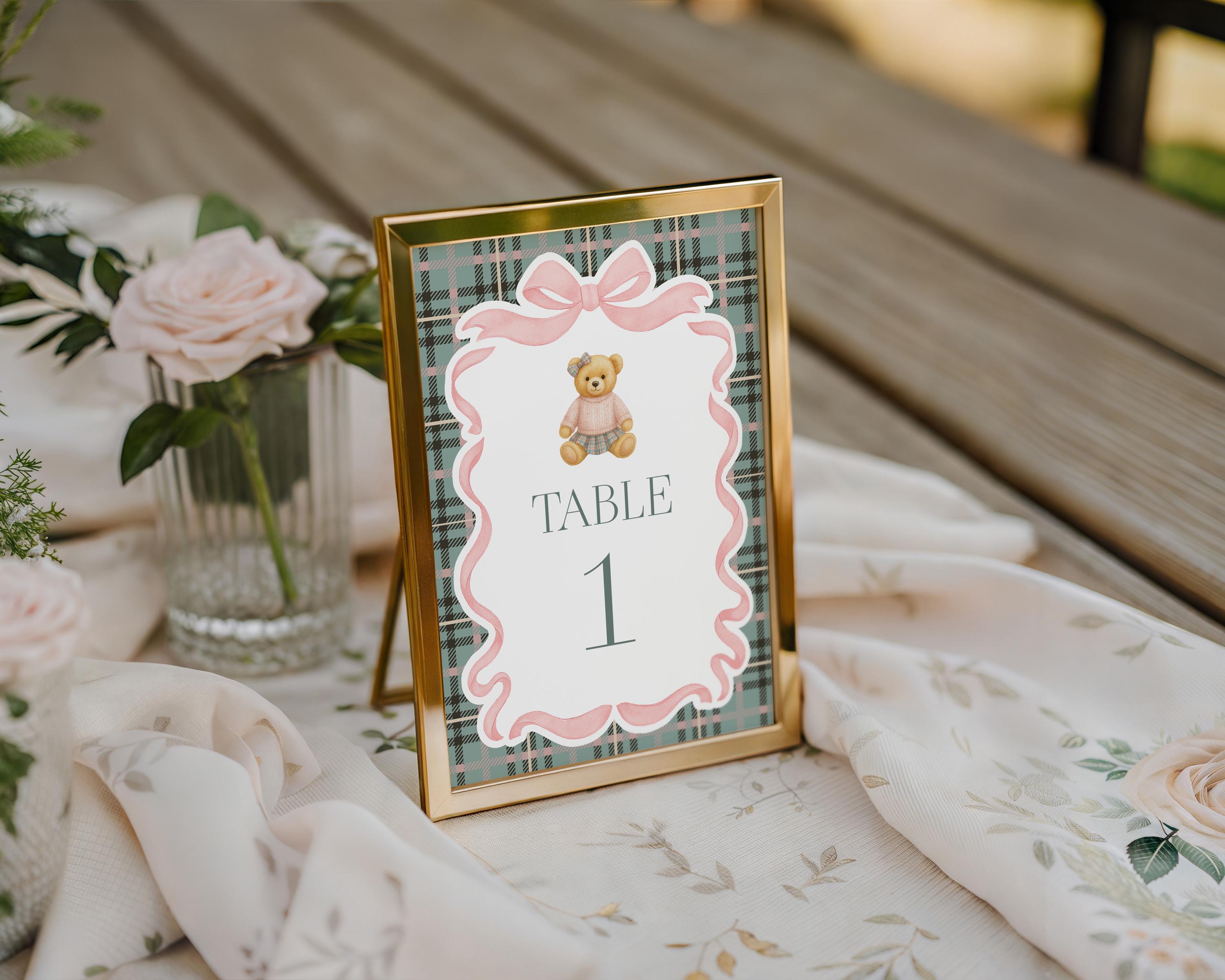 Pink Coquette Bear Table Number Cards Template, We Can Bearly Wait Old Money Baby Shower, Beary First Birthday Tartan Plaid Bow WP1081