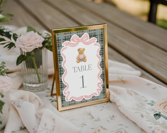 Pink Coquette Bear Table Number Cards Template, We Can Bearly Wait Old Money Baby Shower, Beary First Birthday Tartan Plaid Bow WP1081
