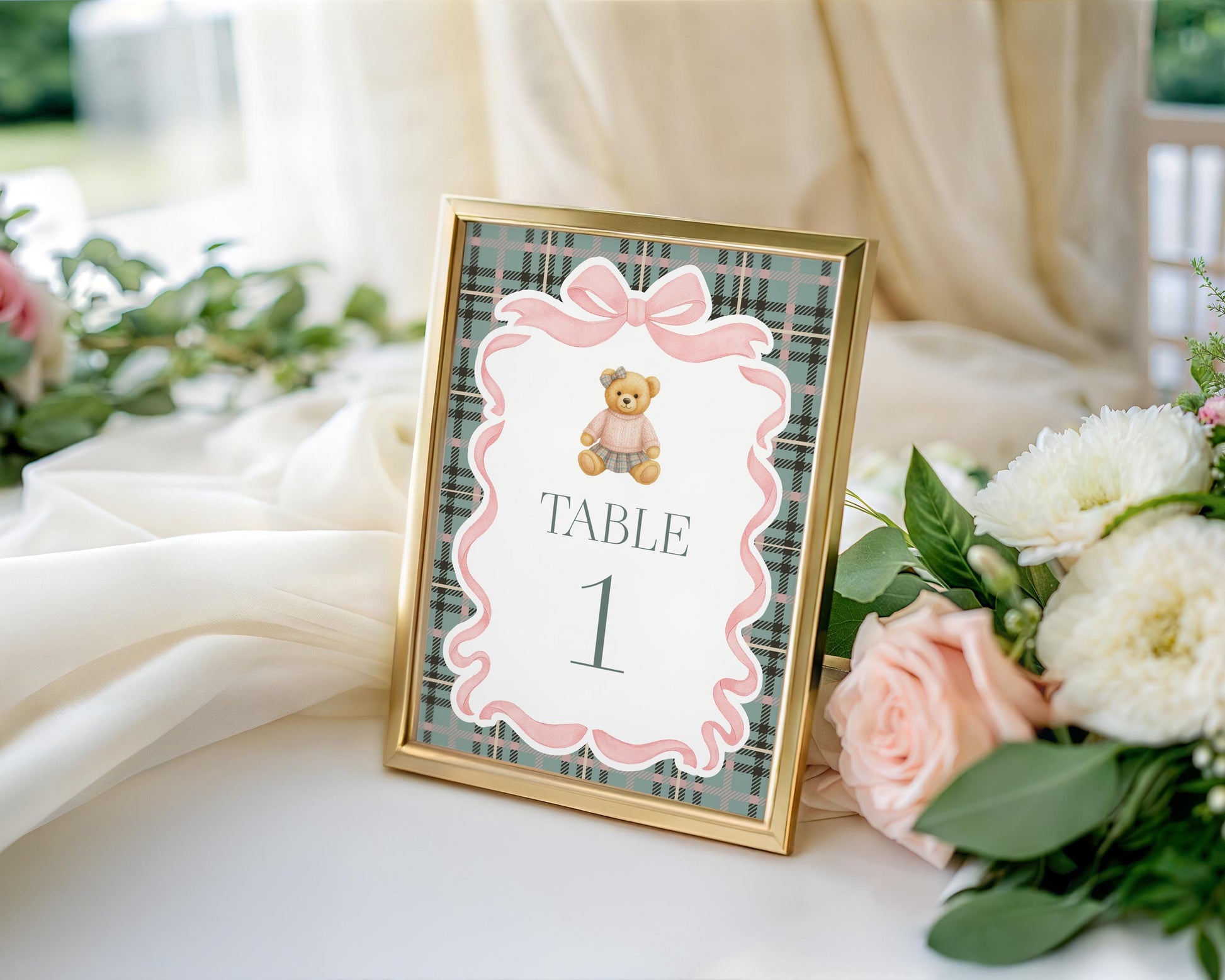 Pink Coquette Bear Table Number Cards Template, We Can Bearly Wait Old Money Baby Shower, Beary First Birthday Tartan Plaid Bow WP1081