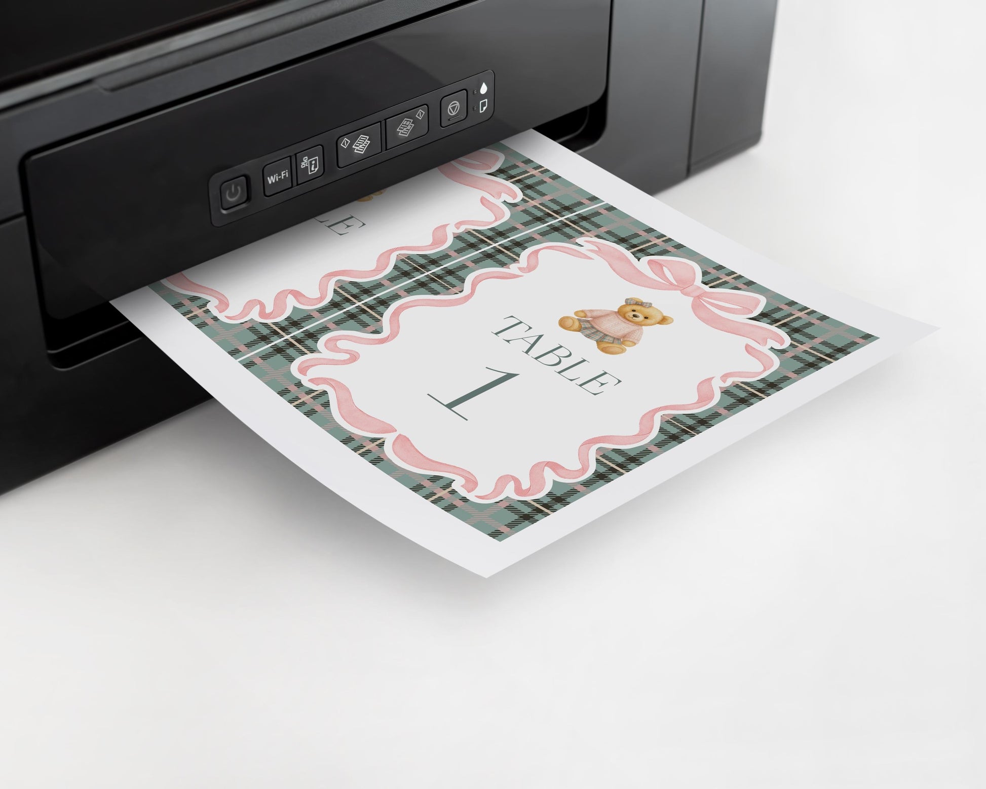 Pink Coquette Bear Table Number Cards Template, We Can Bearly Wait Old Money Baby Shower, Beary First Birthday Tartan Plaid Bow WP1081