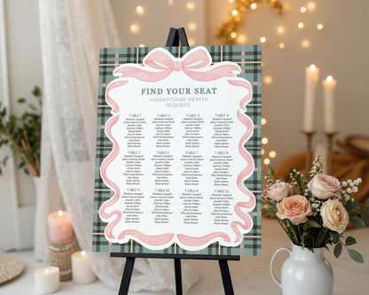 Pink Coquette Bear Seating Chart Cards Template, We Can Bearly Wait Old Money Baby Shower, Beary 1st Birthday Plaid Coquette Bow WP1081