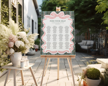 Pink Coquette Bear Seating Chart Poster Template, We Can Bearly Wait Old Money Baby Shower, Beary 1st Birthday Plaid Coquette Bow WP1081