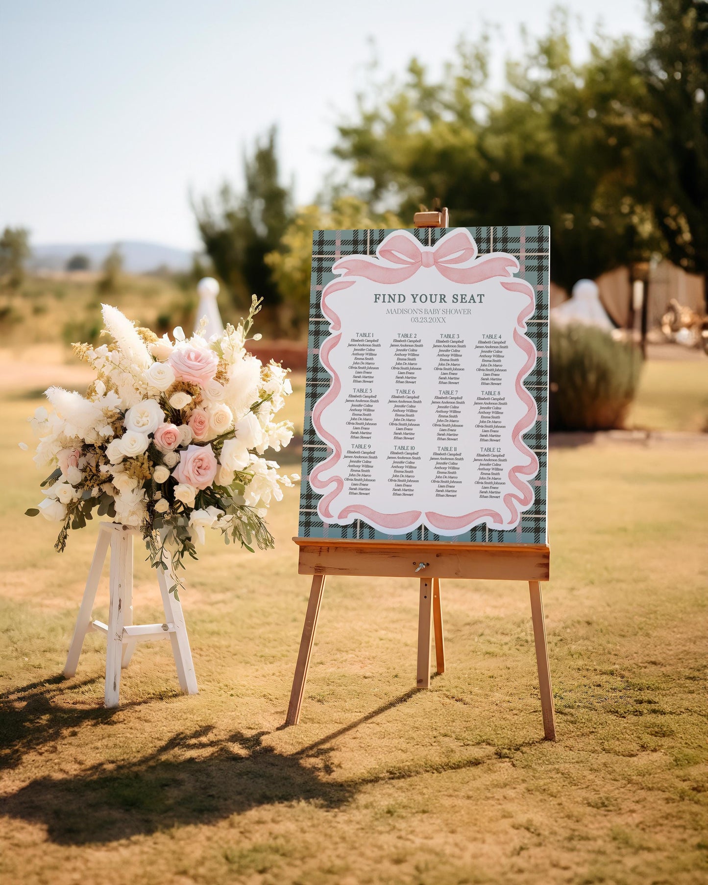 Pink Coquette Bear Seating Chart Cards Template, We Can Bearly Wait Old Money Baby Shower, Beary 1st Birthday Plaid Coquette Bow WP1081