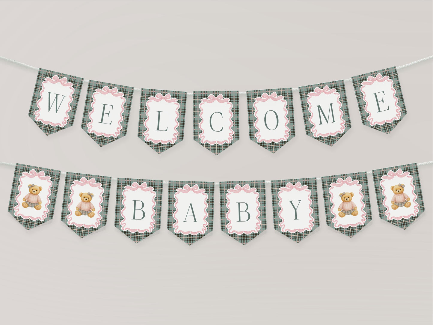Pink Coquette Bear Baby Shower Banner Template, We Can Bearly Wait Old Money Baby Sprinkle, Tartan Plaid Coquette Bow Nesting Party WP1081