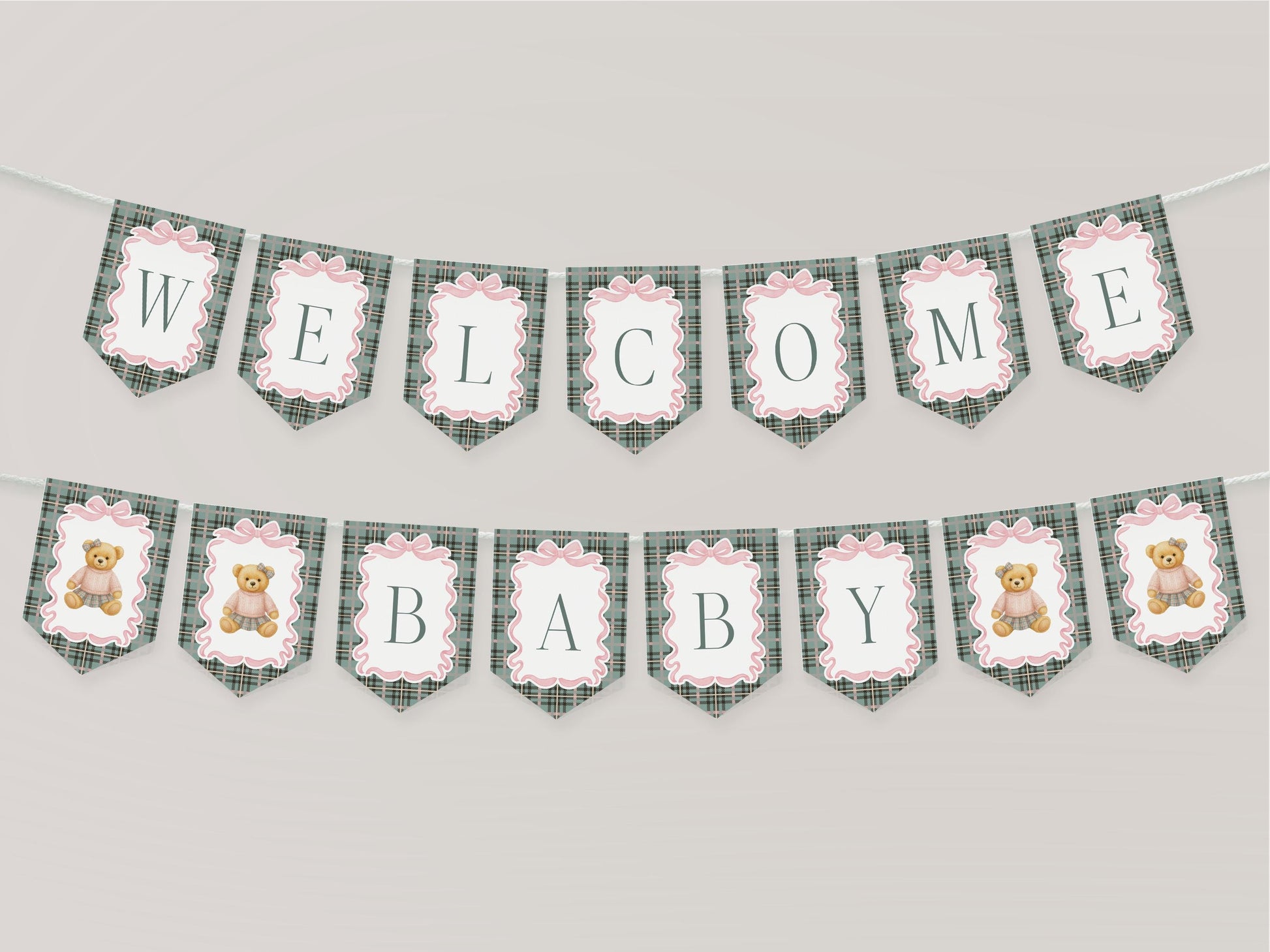 Pink Coquette Bear Baby Shower Banner Template, We Can Bearly Wait Old Money Baby Sprinkle, Tartan Plaid Coquette Bow Nesting Party WP1081