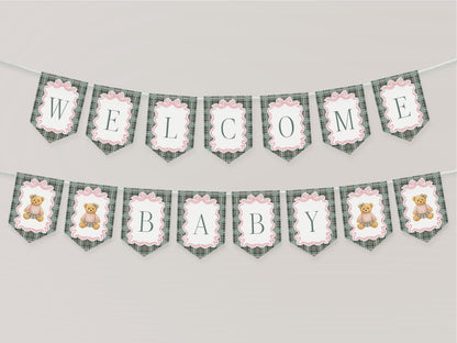 Pink Coquette Bear Baby Shower Banner Template, We Can Bearly Wait Old Money Baby Sprinkle, Tartan Plaid Coquette Bow Nesting Party WP1081