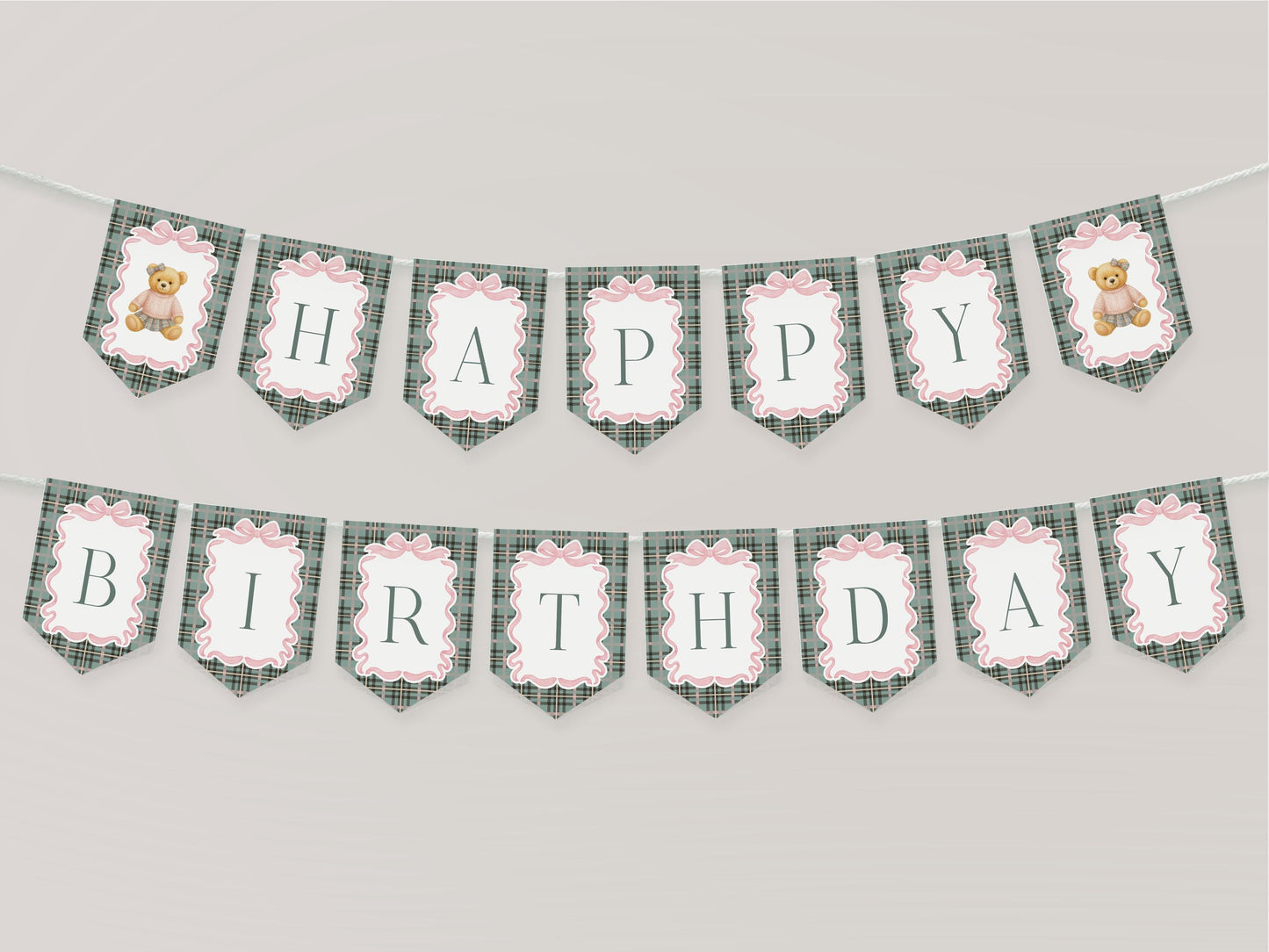 Pink Coquette Bear Birthday Banner Template, Beary First Birthday Decor, Old Money Birthday Party, Tartan Plaid Coquette Bow Party WP1081