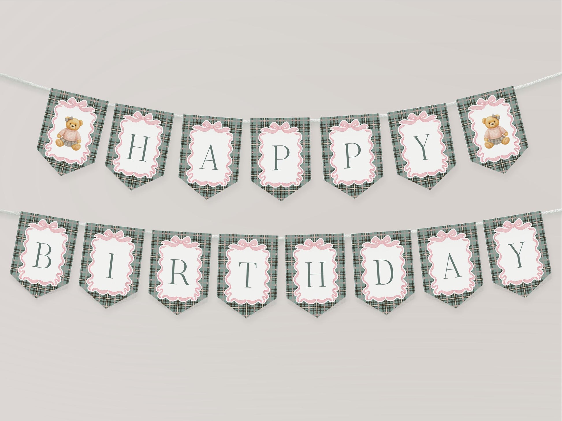 Pink Coquette Bear Birthday Banner Template, Beary First Birthday Decor, Old Money Birthday Party, Tartan Plaid Coquette Bow Party WP1081