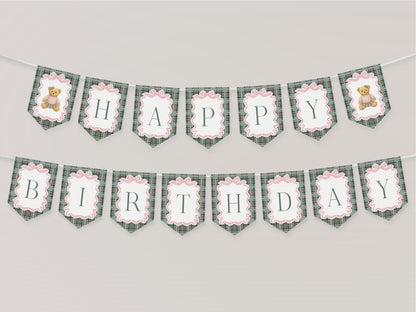 Pink Coquette Bear Birthday Banner Template, Beary First Birthday Decor, Old Money Birthday Party, Tartan Plaid Coquette Bow Party WP1081