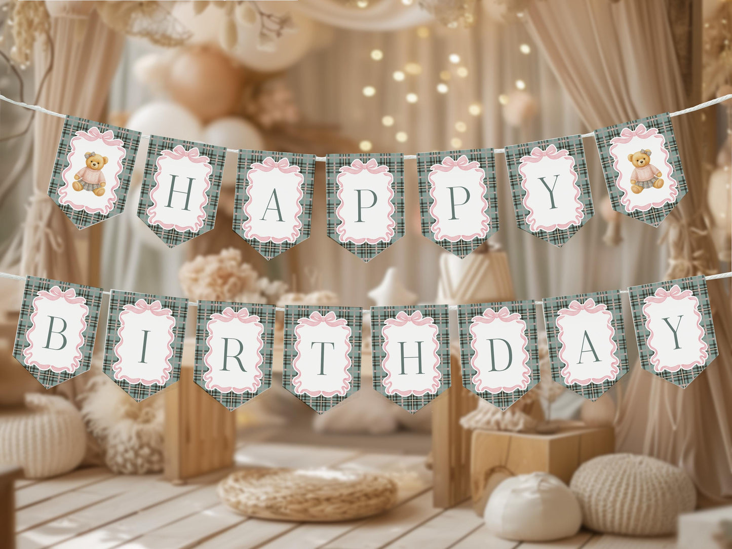 Pink Coquette Bear Birthday Banner Template, Beary First Birthday Decor, Old Money Birthday Party, Tartan Plaid Coquette Bow Party WP1081