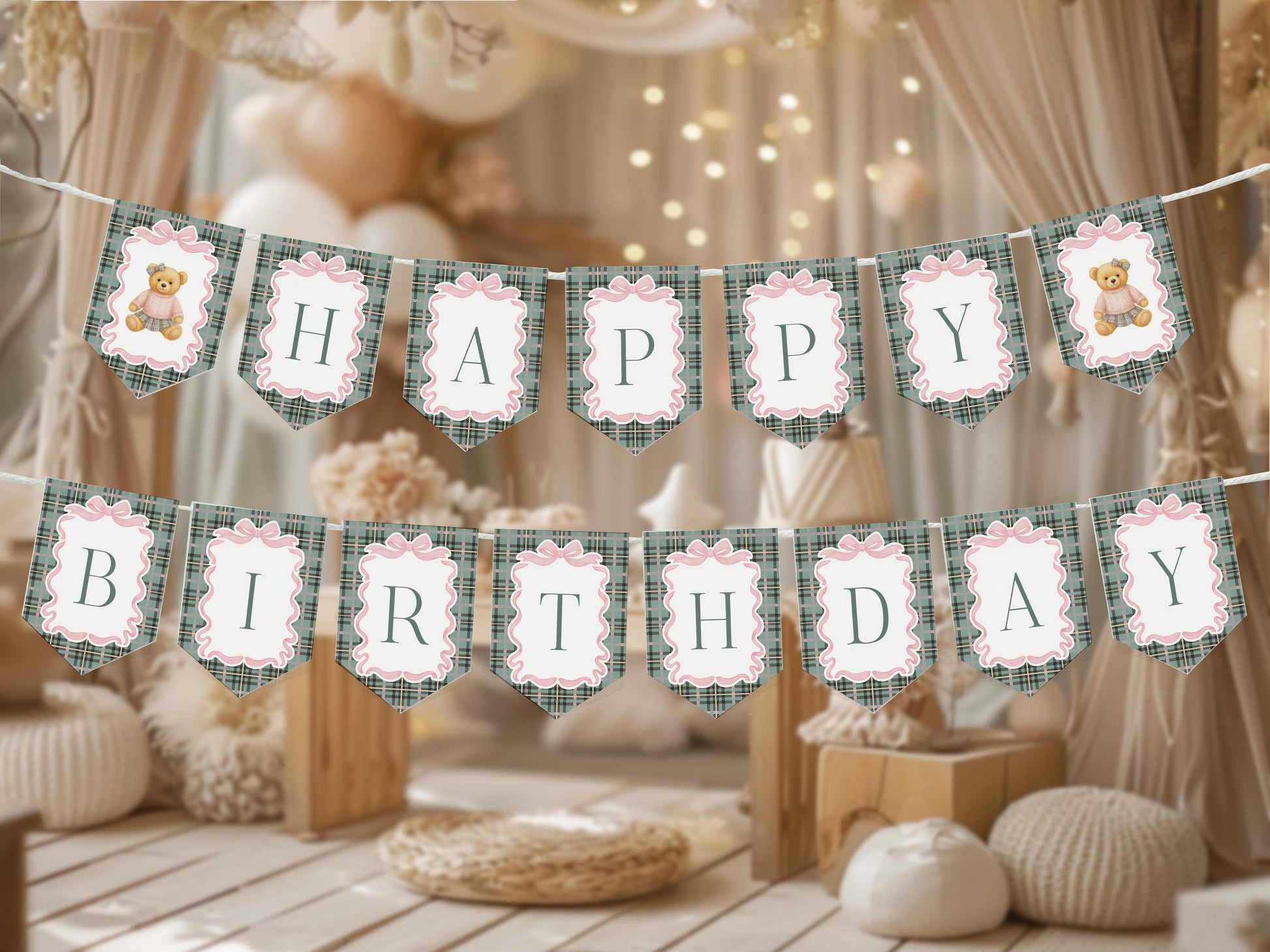 Pink Coquette Bear Birthday Banner Template, Beary First Birthday Decor, Old Money Birthday Party, Tartan Plaid Coquette Bow Party WP1081