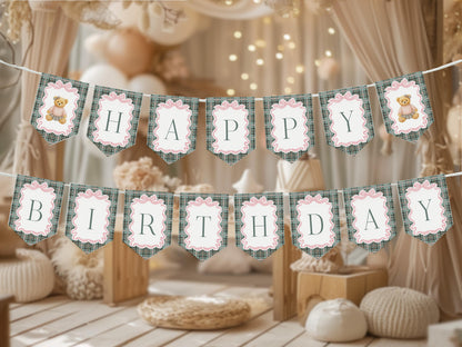 Pink Coquette Bear Birthday Banner Template, Beary First Birthday Decor, Old Money Birthday Party, Tartan Plaid Coquette Bow Party WP1081