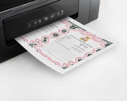 Pink Coquette Bear Advice for Baby Cards Template, We Can Bearly Wait Old Money Baby Sprinkle, Tartan Plaid Bow Nesting Party WP1081