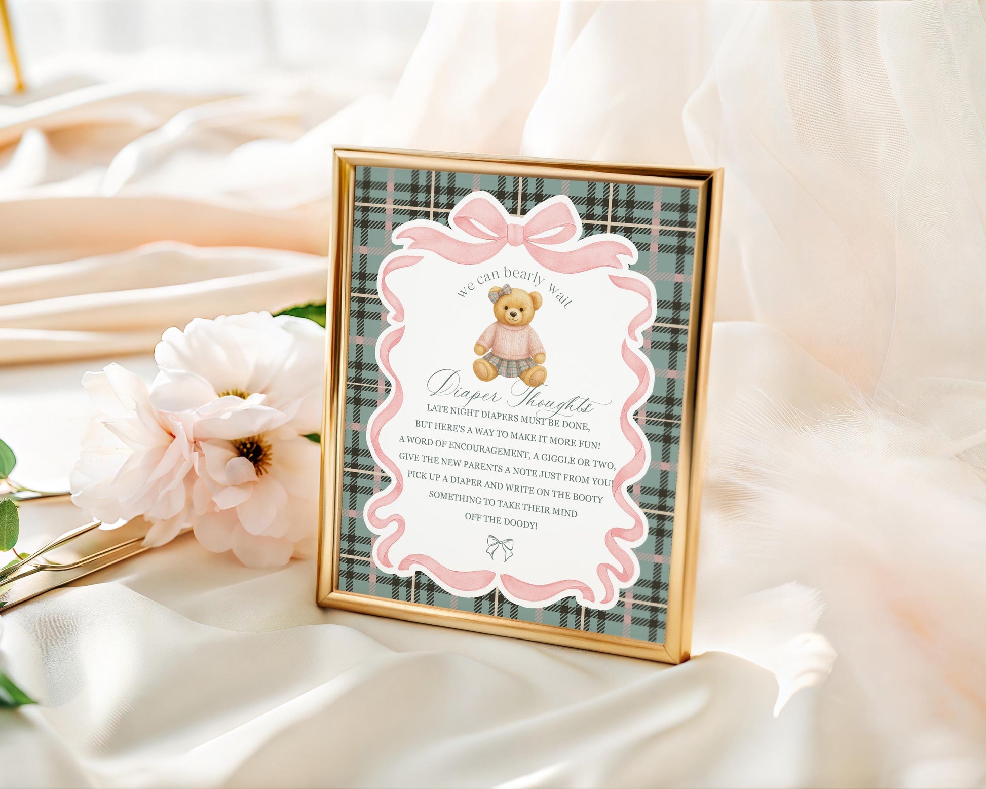 Pink Coquette Bear Baby Shower Diaper Thoughts Sign Template, We Can Bearly Wait Old Money Baby Sprinkle, Tartan Plaid Bow Nesting WP1081