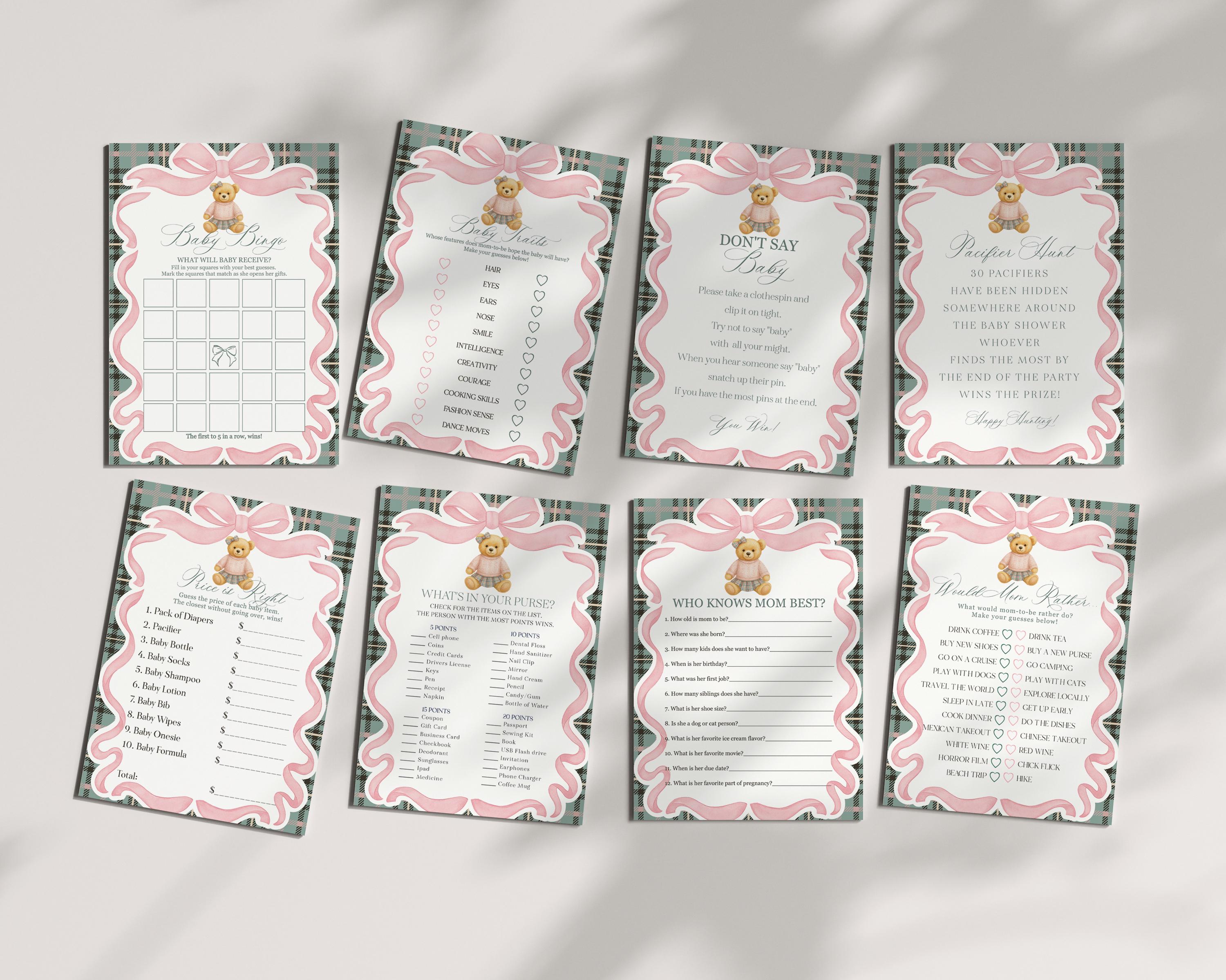 Pink Coquette Bear Baby Shower Games Template, We Can Bearly Wait Old Money Baby Sprinkle, Tartan Plaid Coquette Bow Nesting Party WP1081