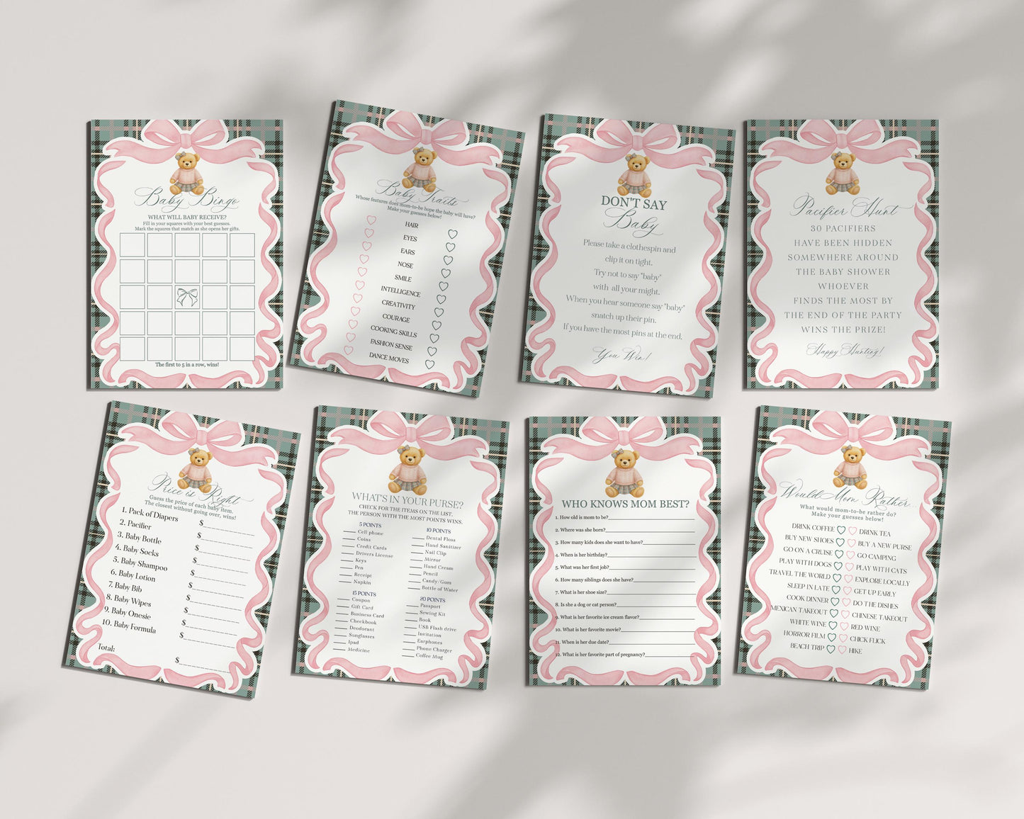 Pink Coquette Bear Baby Shower Games Template, We Can Bearly Wait Old Money Baby Sprinkle, Tartan Plaid Coquette Bow Nesting Party WP1081