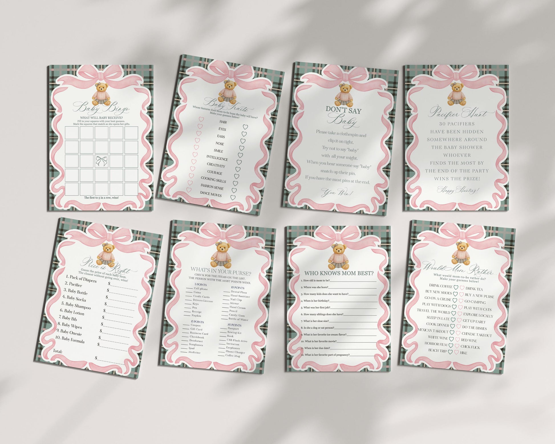 Pink Coquette Bear Baby Shower Games Template, We Can Bearly Wait Old Money Baby Sprinkle, Tartan Plaid Coquette Bow Nesting Party WP1081