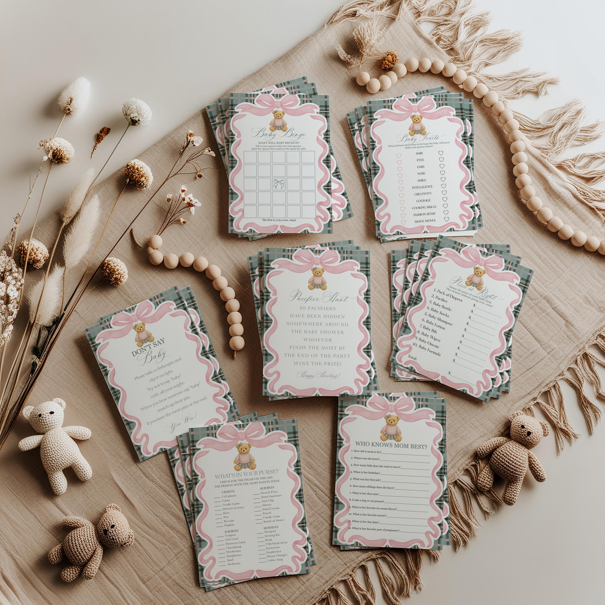 Pink Coquette Bear Baby Shower Games Template, We Can Bearly Wait Old Money Baby Sprinkle, Tartan Plaid Coquette Bow Nesting Party WP1081