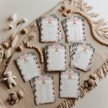 Pink Coquette Bear Baby Shower Games Template, We Can Bearly Wait Old Money Baby Sprinkle, Tartan Plaid Coquette Bow Nesting Party WP1081