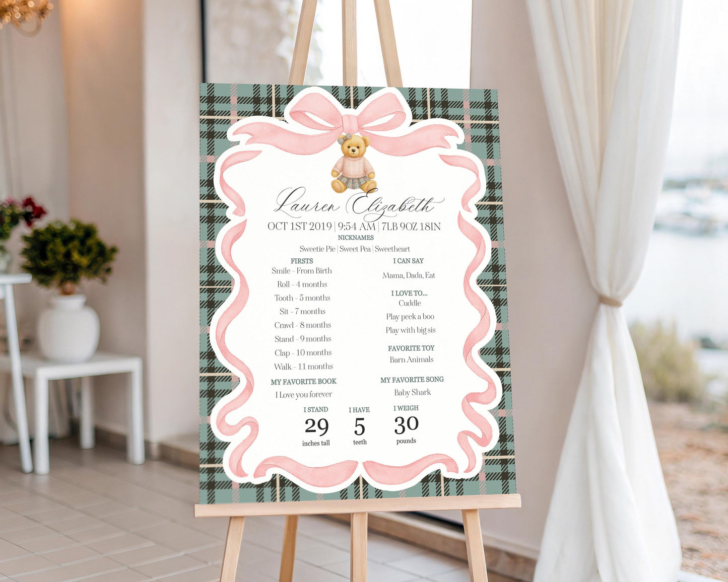 Pink Coquette Bear First Year Milestone Sign Printable Template, Beary 1st Birthday Decor, Old Money Birthday Tartan Plaid Bow Party WP1081